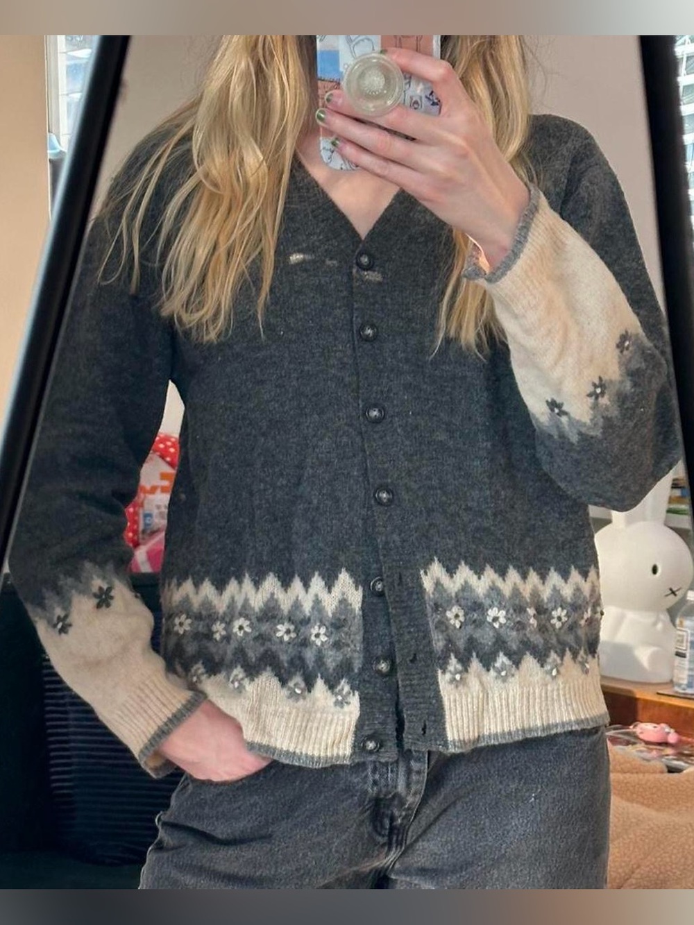 Vintage grey and cream cardigan sweater by Pierre Cardin